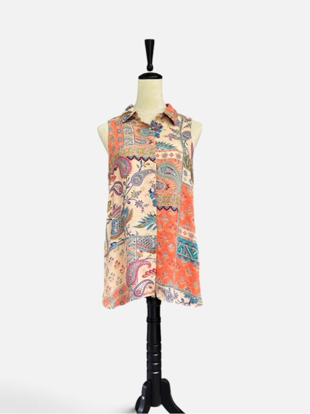 Rose & Olive Patchwork Paisley Floral Sleeveless Blouse Top Sz M